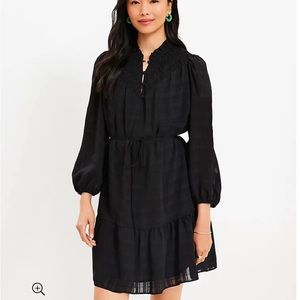 LOFT black petite small textured smock ruffle neck swing dress